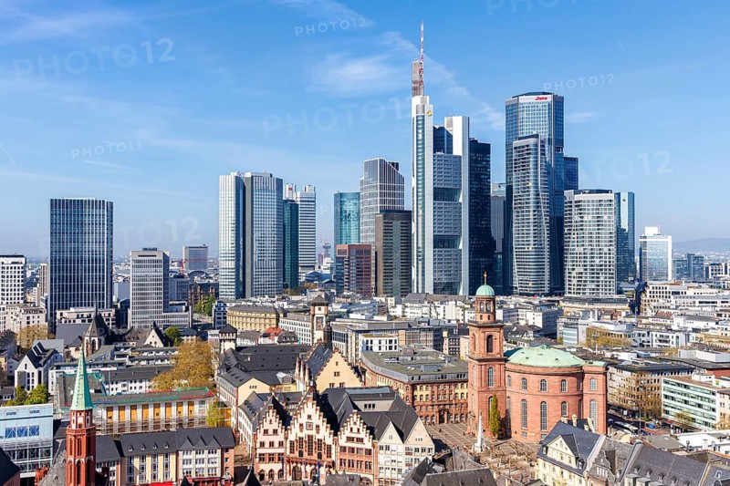 Frankfurt skyline skyscrapers in the city centre with Römer from above in Frankfurt, Germany
