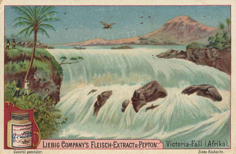 Picture series Waterfalls of the World, The Victoria Falls, Victoria Falls, Zambia, Zimbabwe, Africa, Liebig picture, digitally restored reproduction of a collector's picture from ca 1900, public domain, exact date unknown, Vivid picturesque depiction of the Victoria Falls, African landscape