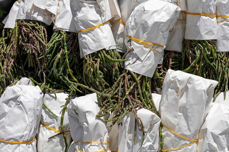Bundles of fresh asparagus wrapped in paper at a market