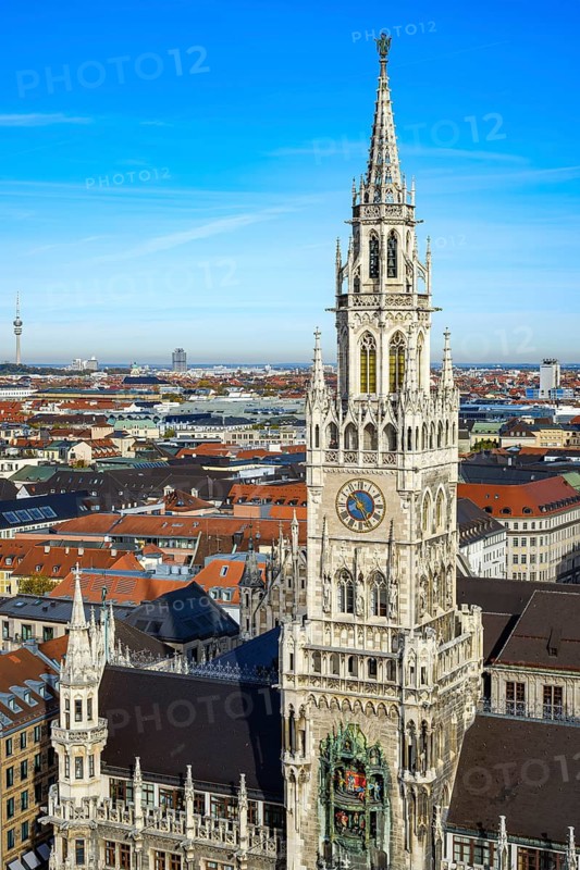 View of the tower of the New Town Hall on Marienplatz and the historic city centre of Munich, Bavaria, Germany