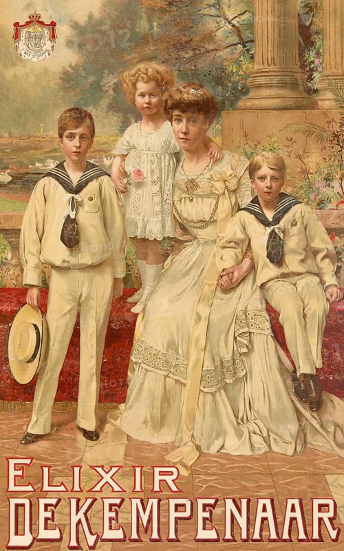 Advertising poster, beverage advertisement, advertising poster for Elixir de Kempenaar, which was designed in 1911 by the Belgian artist Pierre Jean van der Ouderaa. The scene shows a depiction of the Belgian royal family around 1900, with the central female figure depicting Elizabeth in Bavaria, Queen of the Belgians, authentic reproduction of a historical advertising poster, advertising sign, in high resolution