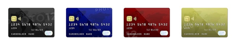 Black, blue, burgundy and gold credit card mockup set isolated on a white background