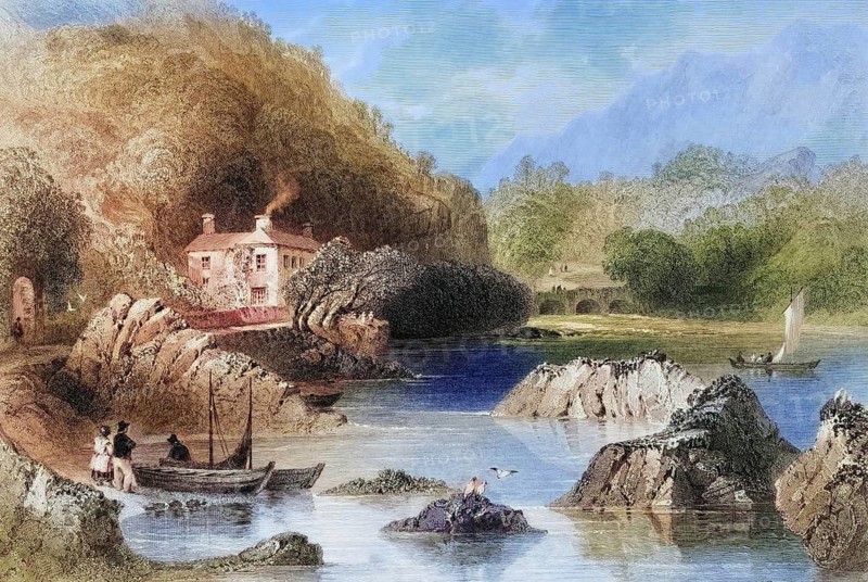 Glengariff Inn, County Cork, Ireland, from the Landscape and Antiquities of Ireland, 1841, digital reproduction of a historical model