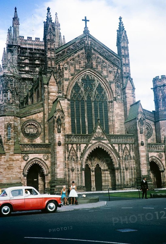 West front of Hereford Cathedral Church, Hereford, Herefordshire, England, United Kingdom 1967 Hillman Minx Series III Car