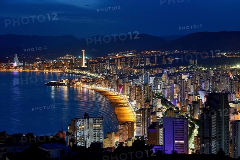 View over Benidorm and the Playa Levante, blue hour, Benidorm, Costa Blanca, Valencia country, Spain