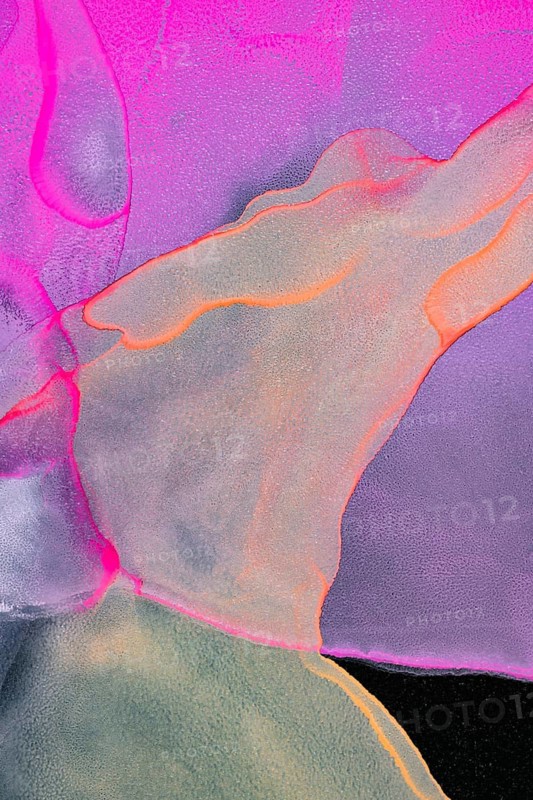 A vibrant abstract art piece featuring glowing neon colors of pink, orange, green and purple on a textured black background