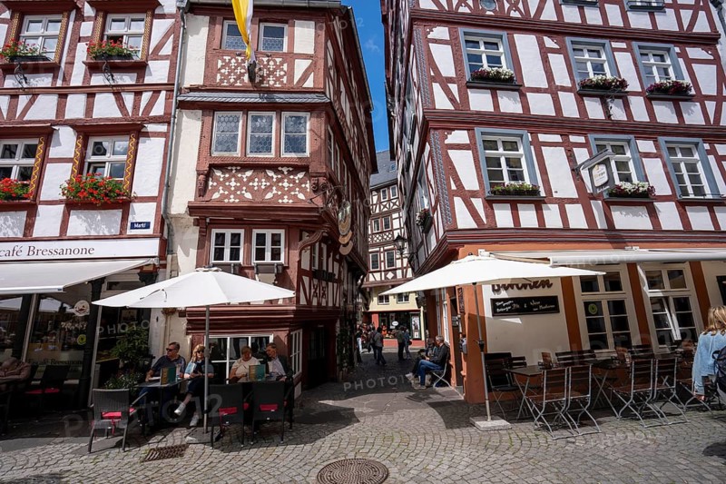 The wine town of Bernkastel-Kues on the Middle Moselle, alleys on the medieval market square with gabled half-timbered houses, historic, Germany