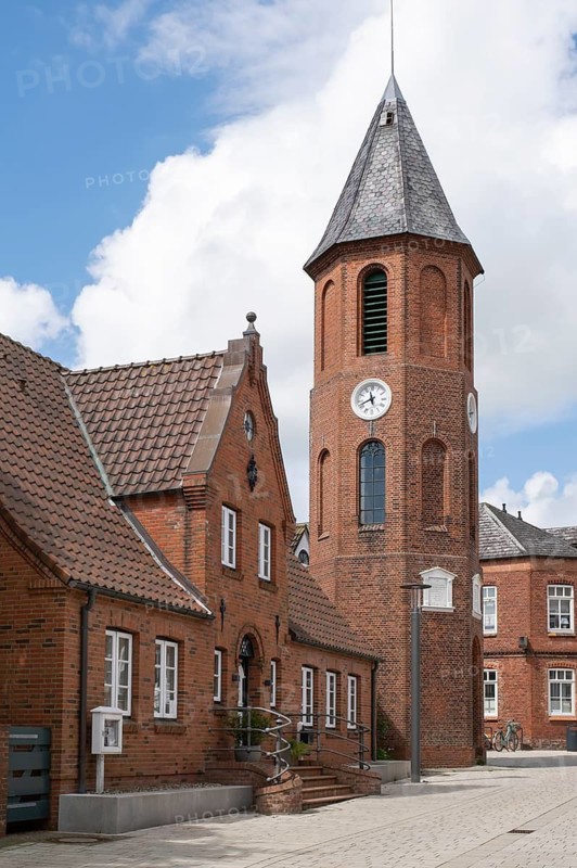 Bell tower, brick building, Mittelstraße, Wyk, Föhr, North Sea island, North Frisia, Schleswig-Holstein, Germany