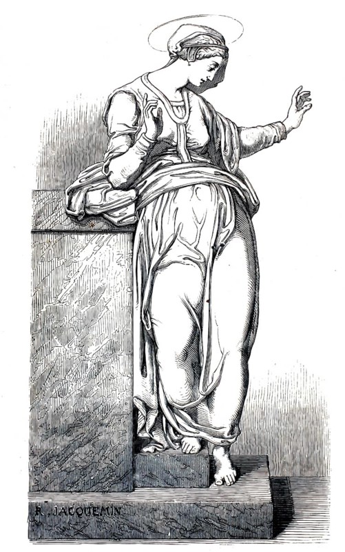 The Annunciation, L'Annonciation, in the Lateran Basilica in Rome is an important Renaissance masterpiece. The composition of the image and the precise preliminary drawings come directly from Michelangelo. The original altarpiece is now in the sacristy of the Basilica of San Giovanni in Laterano in Rome, authentic, high-resolution reproduction from a 19th century model, exact date of depiction unknown, historical