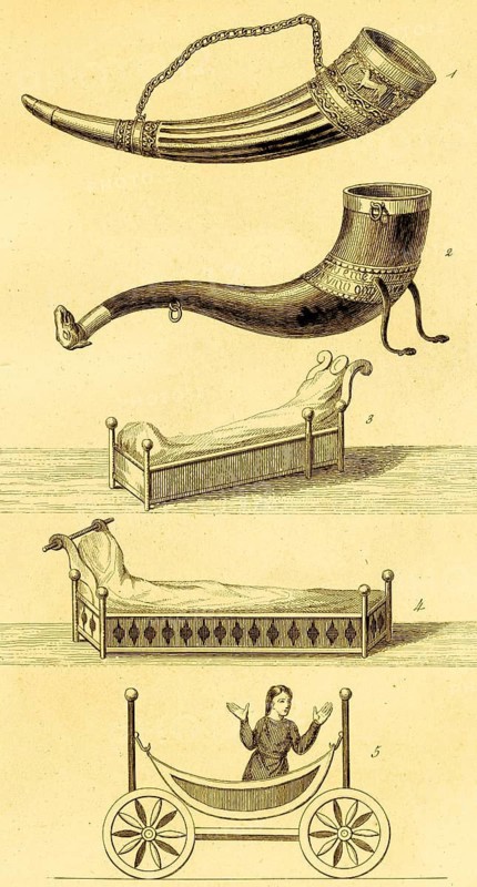 Utility objects of the Anglo-Saxon period, horns (1, 2) beds with high headboard (3, 4) carriage (5) England, daily use, drinking horn, decorations, ornamentation, material wood, small carriage, transport, woman, wheels, simple frame, Great Britain, steel engraving, historical illustration 1842