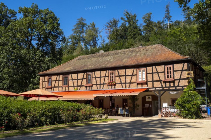 Cafe at Mespelbrunn moated castle, Elsava Valley, Spessart, Lower Franconia, Franconia, Bavaria, Germany
