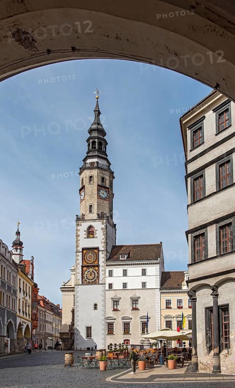 Old Town Hall Clock Tower and Lower Market Square, Untermarkt, Görlitz, Goerlitz, Germany