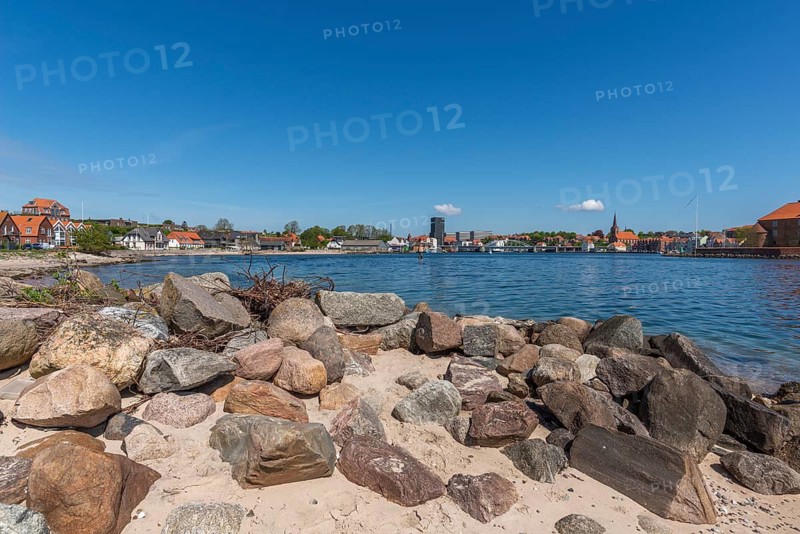Sønderborg, Als, Sonderburg cityscape, beach, erratic blocks, Alsen island, Flensburg Fjord, Baltic Sea, Denmark