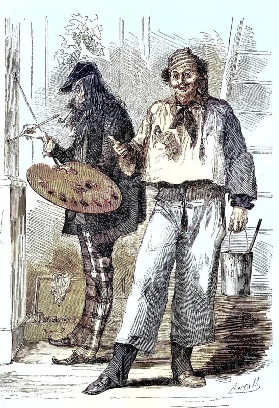 The picture shows two different types of workers: a decorative painter with a palette and a painter applying paste or paint, with a paint bucket, satirical depictions of Parisian working life in the 19th century, France, illustration, reproduction of a model from the 19th century. Authentic, file restored for optimal use, exact date of original unknown, historical, nostalgically colored