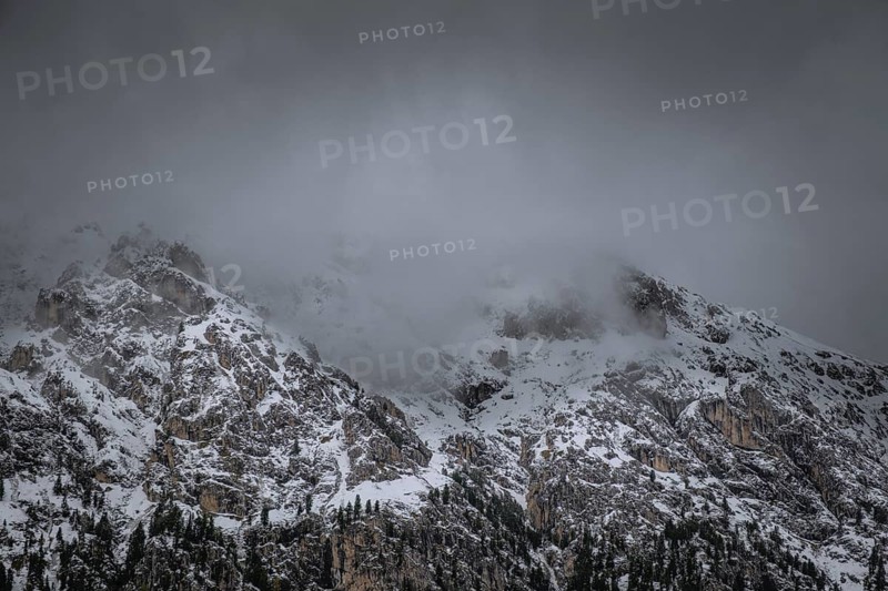 View of a part of the Peitlerkofel group from the Gampenwiese, Dolomites, snow, Puez-Geisler nature park Park, St. Magdalena, Villnöß, Funes, Villnößtal, South Tyrol, Italy