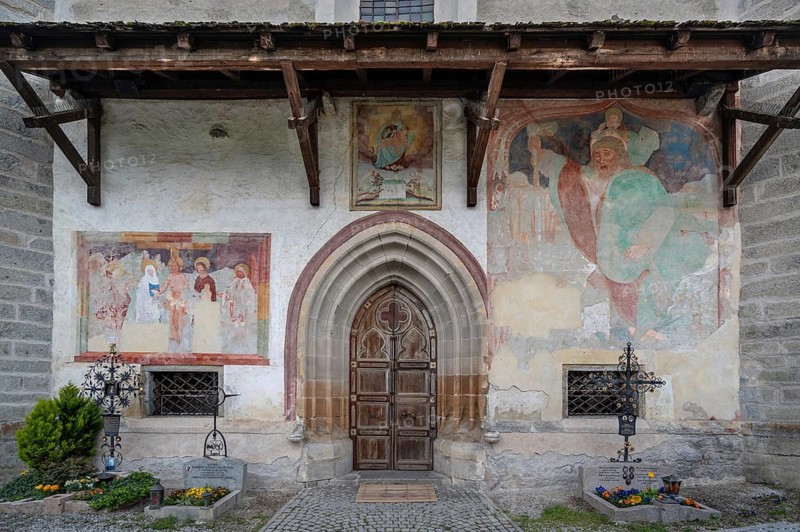 Frescoes on the entrance façade of the Maria am Sand parish church, 15th century, Vintlerweg, Milland, Province of Bolzano, South Tyrol