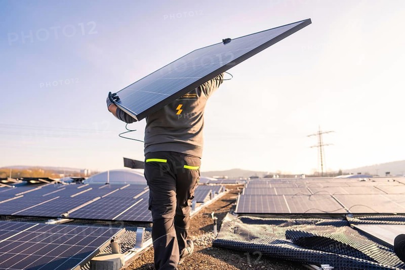 A worker carries a solar panel on a roof under bright sunlight, PV installation at OBI Baumarkt, Mühlacker, Enzkreis, Germany