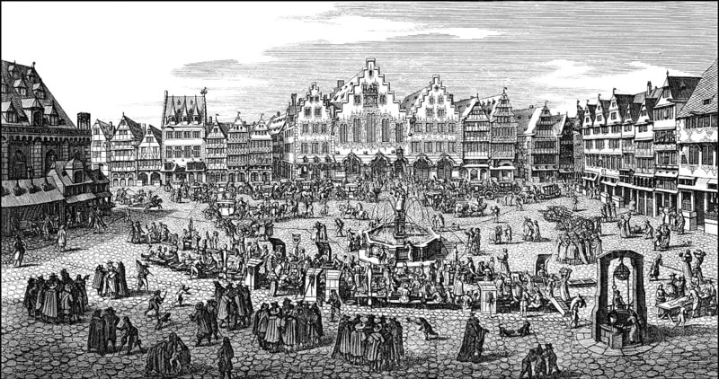 Historical cityscape, Roemerberg square, Frankfurt am Main, Hesse, Germany, 17th Century, historische Stadtansicht von Frankfurt am Main, Römerberg, Deutschland, 17. Jahrhundert