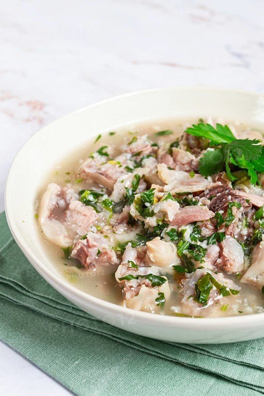 Muzhuzhi, a Georgian dish made from pork legs, with spices and herbs, homemade