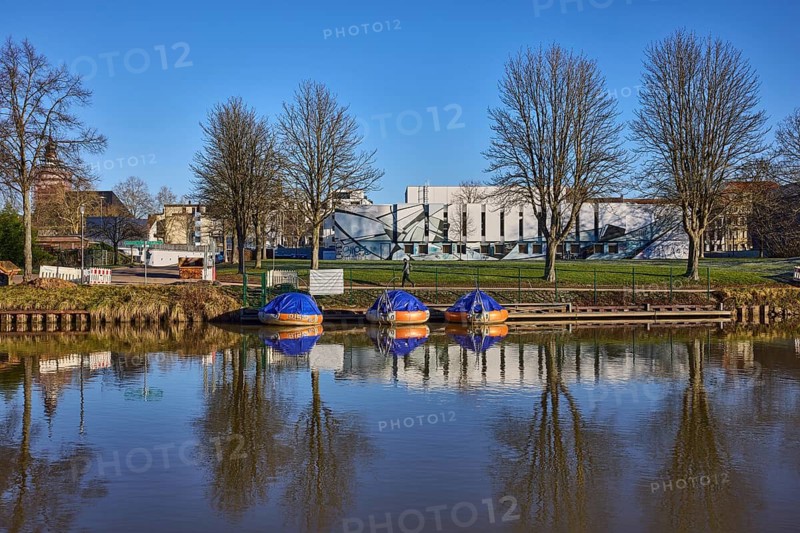 Saar University of Music, Saar river, riverbank, Saar University of Music, trees, rental motorboat, reflections on the water surface, blue sky, cloudless, Saarbrücken, state capital, Saarbrücken Regional Association, Saarland, Germany