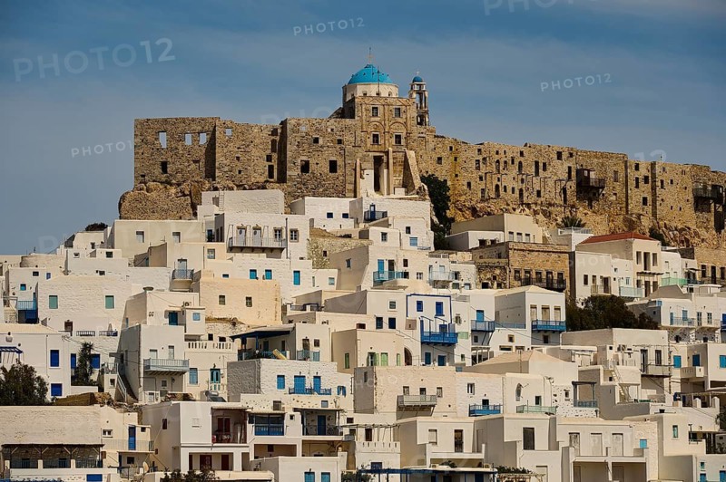 Fortified town on a hill with characteristic white facades, Querini Castle, Chora, Astypalea, Dodecanese, Greek Islands, Greece