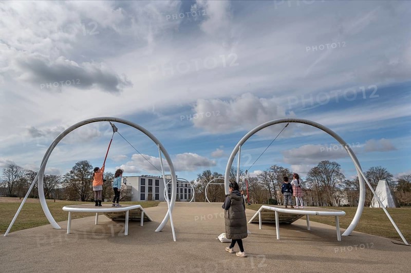 Children's playground with a slide on the site of the former American Leighton Barracks, now a new residential area Hubland, Würzburg, Unterfanken, Bavaria, Germany