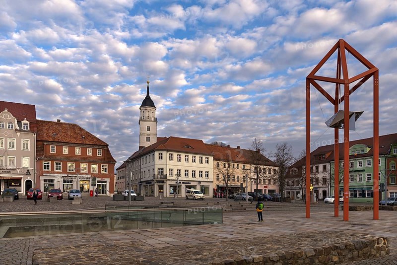 Altmarkt, with the Protestant parish office and church in the background, a sky with clouds (stratocumulus), Bischofswerda, Upper Lusatia, Saxony, Germany