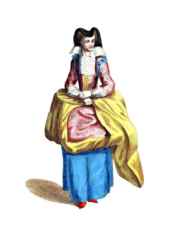 Historical clothing, fashion over time, clothing of a merchant's woman, merchant's woman from Paris, 1626, France, digitally restored reproduction of an 18th/19th century model, exact date unknown, historically dressed woman with yellow cloth and elaborate dress