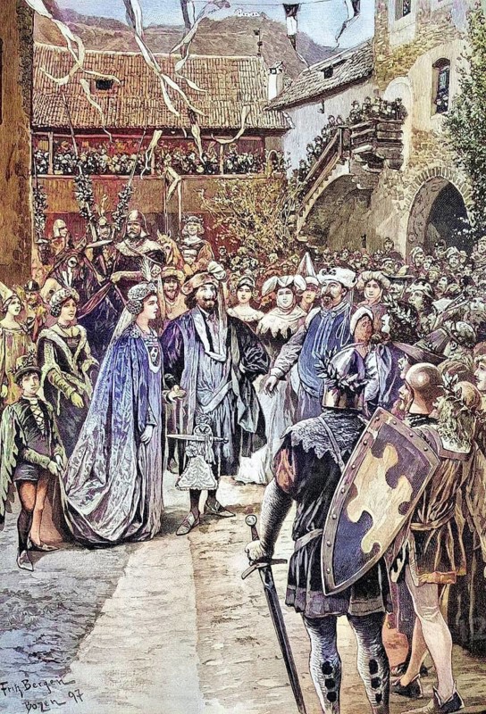 Castle festival at Runkelstein, Welcome of Oswald von Runkelstein and his wife, South Tyrol, Italy, coloured wood engraving, Reproduction of a model from ca 1888, Historical, A festive medieval procession with costumes and castle in the background