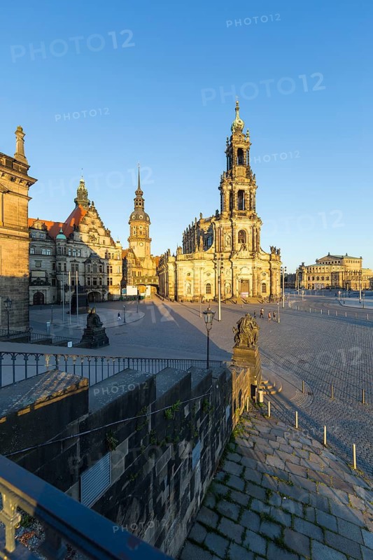 View from Brühl's Terrace of St George's Gate, Hausmann Tower, Court Church and Semper Opera House in the morning light, Dresden, Saxony, Germany