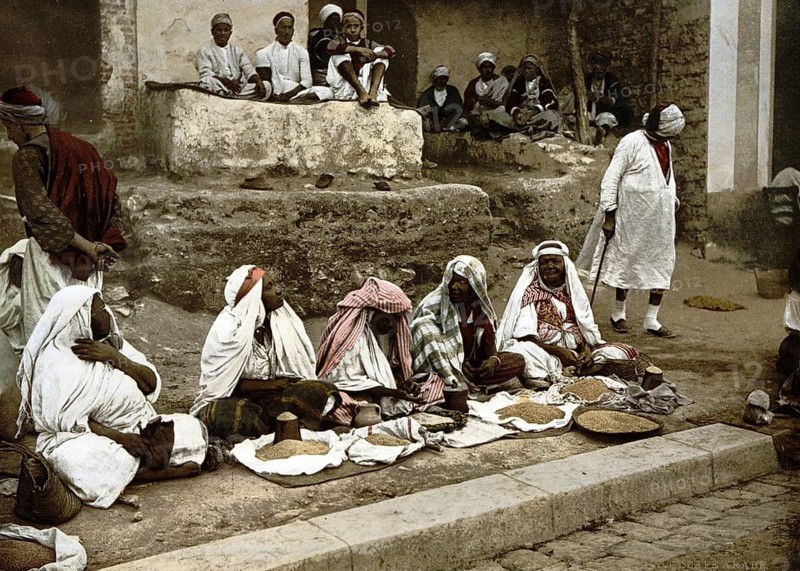 Couscous vendor and an Arab cafe, Tunis, Tunisia, c. 1895, Historical, digitally restored reproduction from a 19th century original, Record date not stated