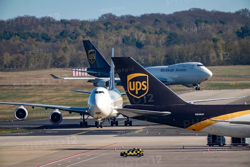 Cologne-Bonn Airport, CGN, UPS Boeing 747 freighters roll after landing to the UPS Logisic Hub, Freight Building, Air Freight Center, at the Logistics Center