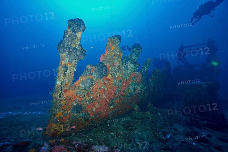 A grotesquely shaped wreck rising from the seabed surrounded by blue, dive site Wreck Ville de Grasse, Hyères, Giens Peninsula, Mediterranean Sea, Porquerolles, Provence, Côte d'Azur, France