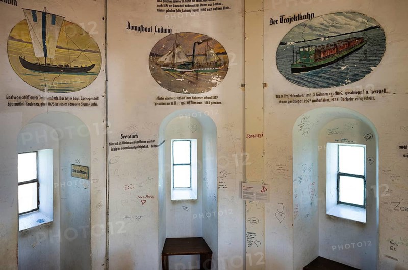 Interior view, illustration of historic shipping, New Lighthouse, Harbour, Lindau, Bavaria, Lake Constance, Germany