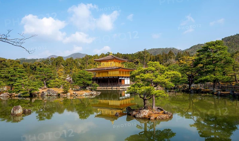 Golden Pavilion reflected in pond, Japanese garden, Golden Pavilion Temple, Kinkaku-ji reliquary, Buddhist temple complex, Kyoto, Japan