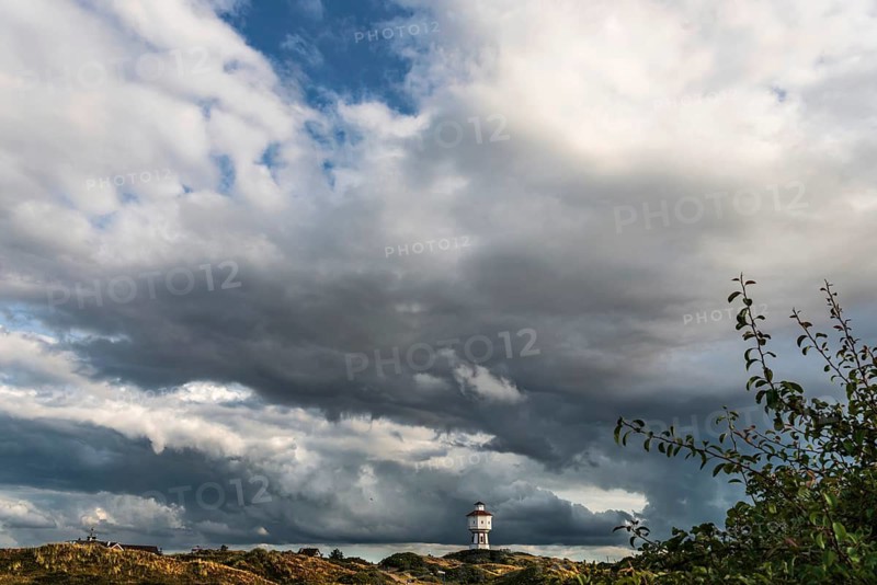 Water tower, clouds, weather, gloomy, cloudy, cloudy sky, storm, stormy, dune landscape, North Sea island, Langeoog, Germany