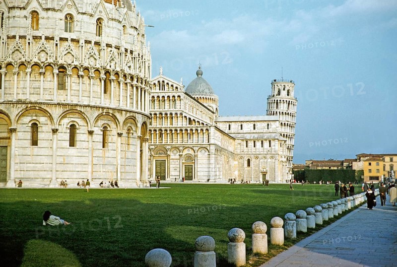 Leaning tower, campanile and cathedral church, Romanesque architecture, Piazza del Duomo, Pisa, Italy, 1959