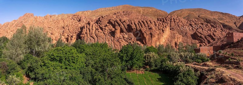 Monkey fingers, also known as Tamlalt cliffs, in the Dades Valley. panoramic view, panoramic view. Souss-Massa-Draa, Morocco