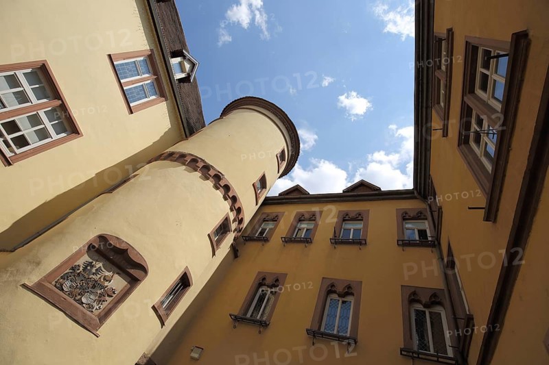 Old town hall with courtyard, corner tower with coat of arms, looking up, Wertheim, Baden-Württemberg, Germany