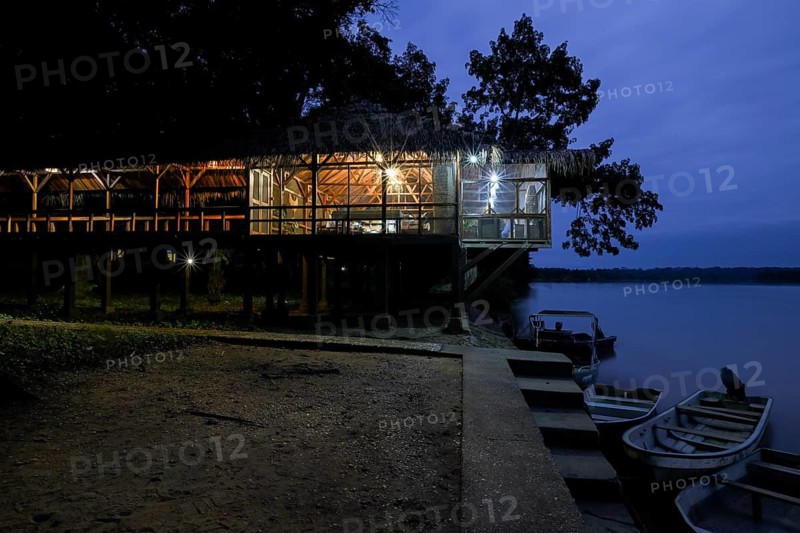 Restaurant at Doli Lodge on the Sangha River, blue hour, Bayanga, Sangha-Mbaéré Prefecture, Central African Republic