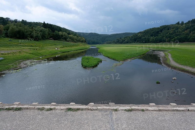 View of Old Bridge Asel, Edersee without water, Hesse, Germany