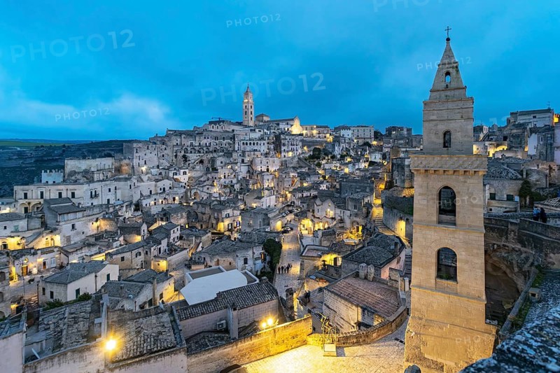 Panoramic View of Sassi di Matera at night, Sasso Barisano, Basilicata, Italy