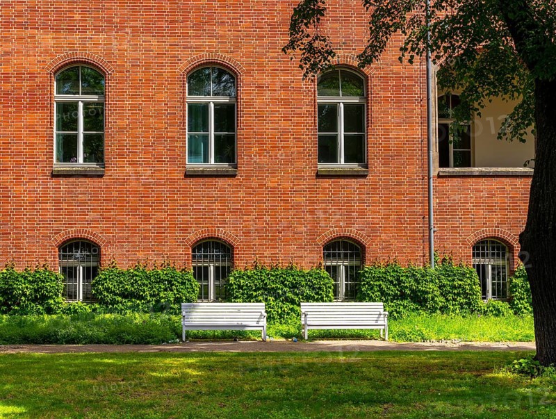 Historic brick building on the grounds of the Charité Campus Mitte, Berlin, Germany