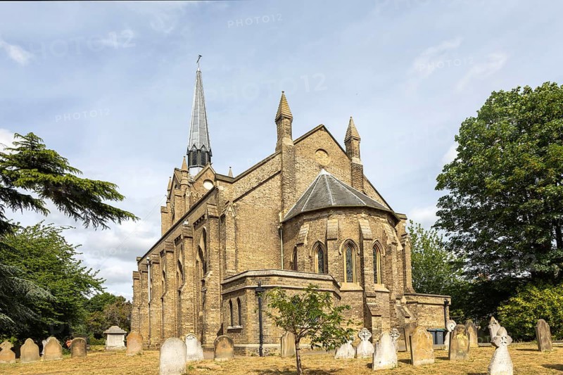 Gothic revival architecture, east end and spire, St John the Evangelist's Church, Woodbridge, Suffolk, England, UK completed 1846