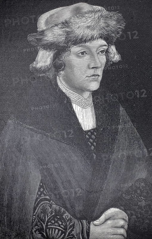 Picture shows Lutheran pastor Gerhart Volk, also Gerhart Vollks. The portrait is a reproduction of a painting by Lucas Cranach the Elder, created around 1518, authentic, digitally restored reproduction from a 19th century model, exact date of depiction unknown, historical, portrait of a thought-looking man with a fur hat and cloak
