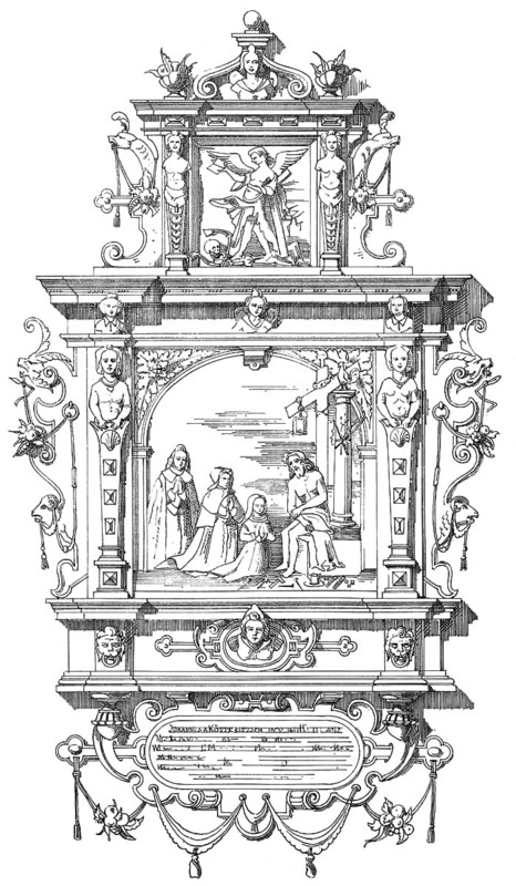 Historical architectural illustration from the 19th Century, 1881, German Renaissance style, 17th century, Church of St. Nicholas, epitaph for Electoral Councillor Johann von Kötteritz, Berlin, Germany, Architektur-Zeichnung von 1881, Grabstätte der Familie von Kötteritzsch im Erdgeschoss der Liebfrauenkapelle, Nikolaikirche, heute Museum, Berlin, Deutschland, Europa