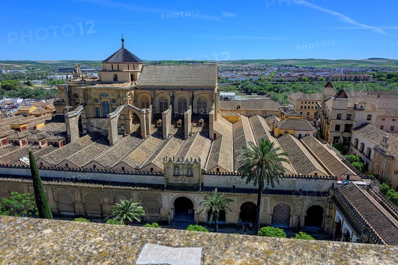 Cathedral Mosque of Córdoba, Mezquita-Cathedral with complex roof architecture and surroundings and palm trees in the foreground, Majestic cathedral with tiled roofs and city view surrounded by palm trees, Cordoba, Andalusia, Spain