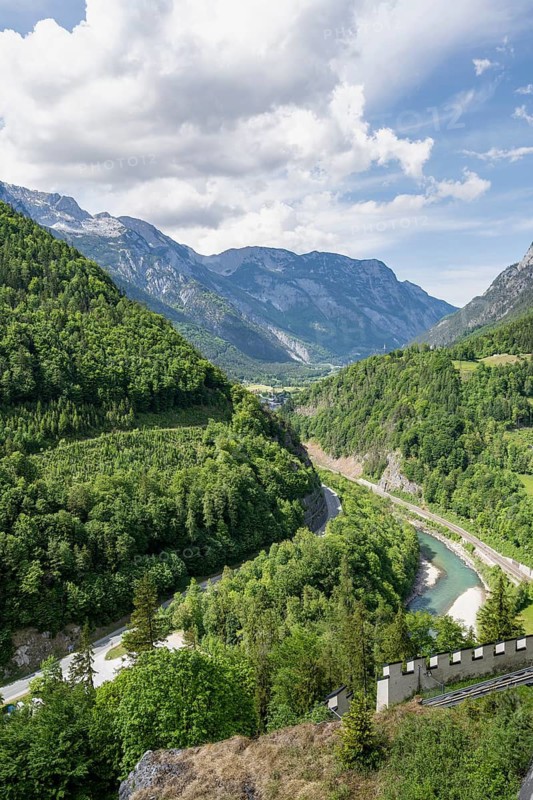 View from the castle of the Lueg Pass with the Salzach river, Hohenwerfen Fortress, Pongau, Salzburg state, Austria