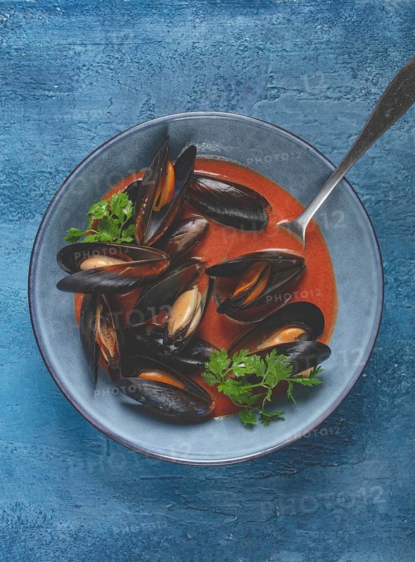 Fra Diavolo mussels, mussels in tomato sauce, Italian dish, on a blue background, homemade, no people