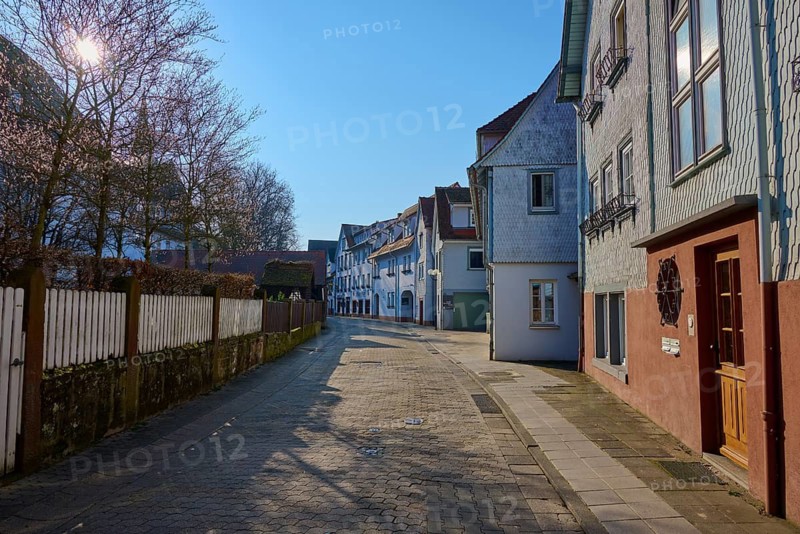 Sunny street with shadows cast by trees and adjacent houses in a quiet area, Am Schlossgraben, Erbach, Odenwald, Hesse, Germany